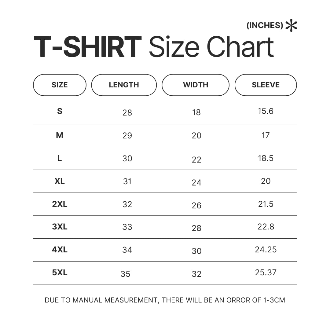 T shirt Size Chart - Armored Core Merch